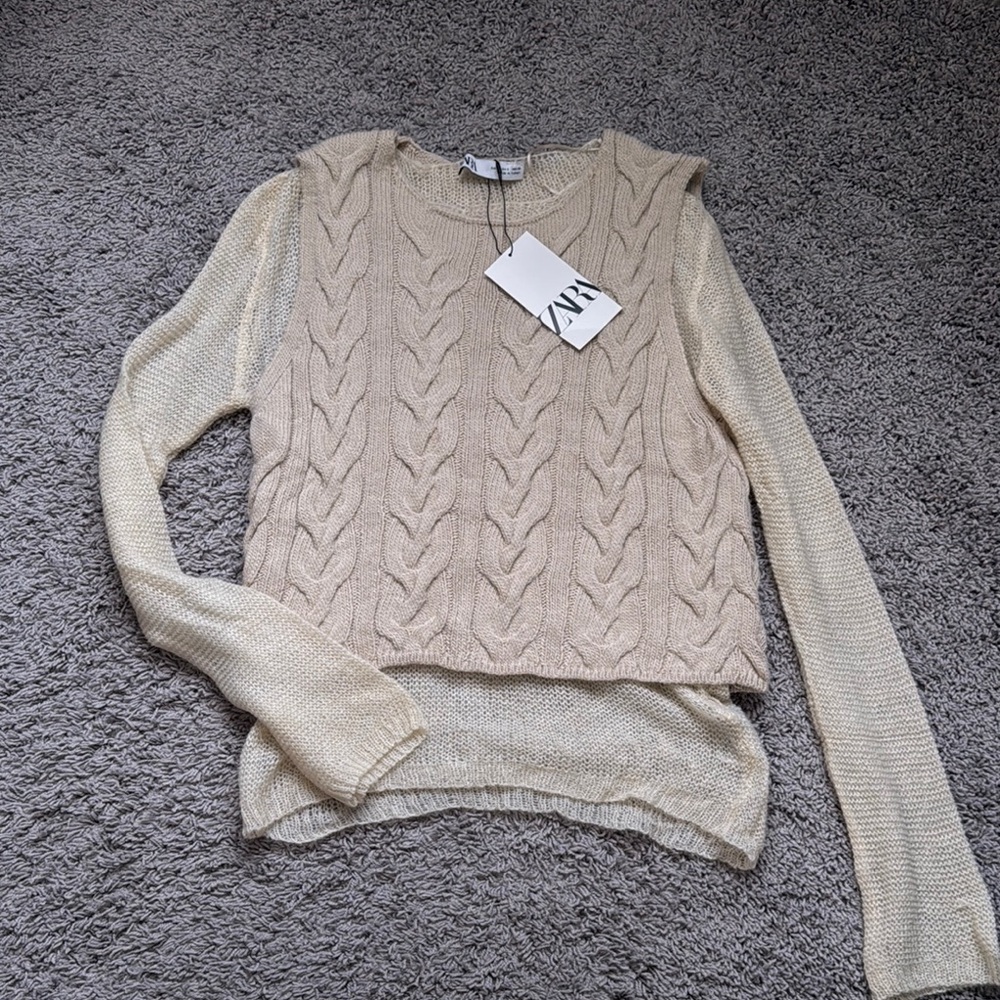 Zara Cream Cable Knit Crew Neck Sweater